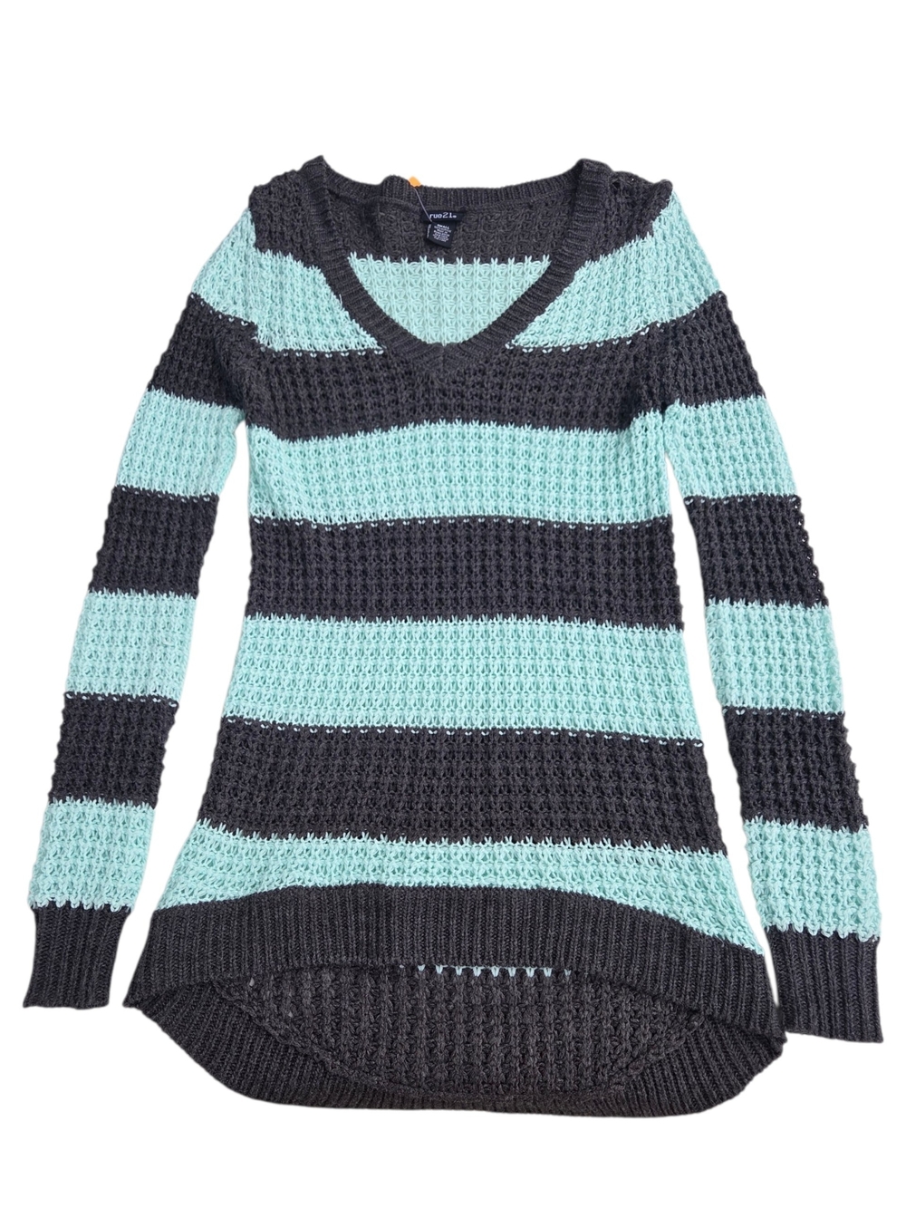 Rue21 Striped V-Neck Sweater in Mint and Charcoal